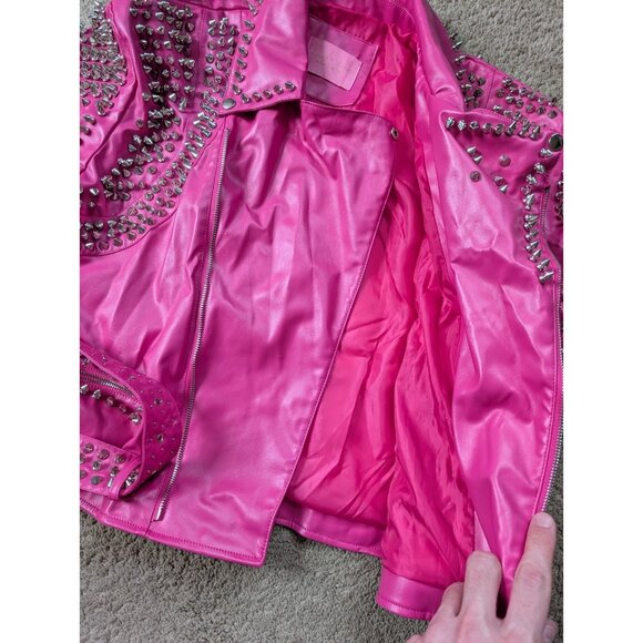 Azalea Wang Moto Jacket Barbie Pink Womens 2X Silver Studded Faux Leather SOFI-X - Picture 10 of 12